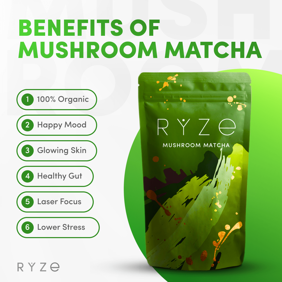 RYZE Mushroom Matcha - with 6 Organic Adaptogenic Mushrooms Grown In USA and Ceremonial-Grade Japanese Matcha - YGQ9