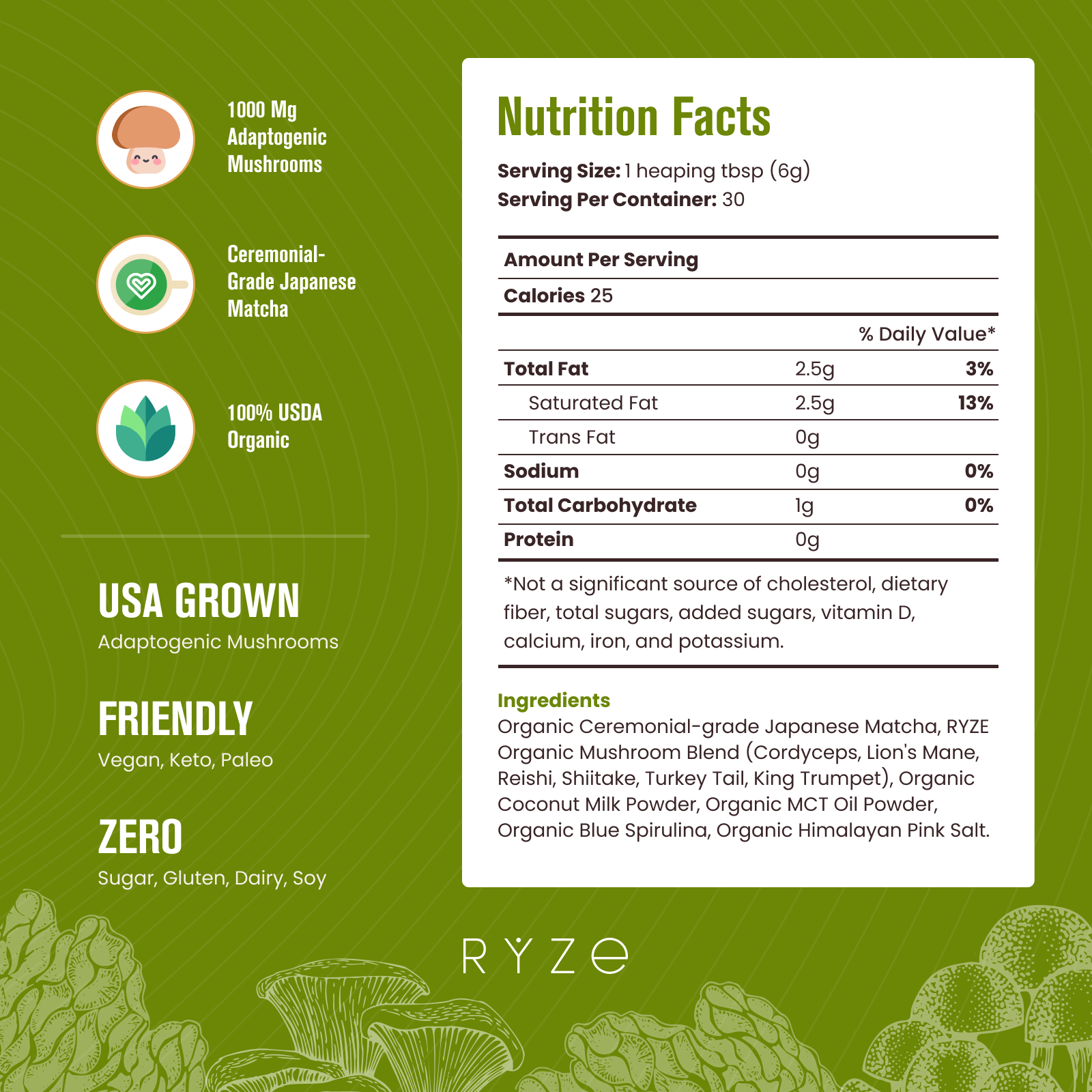RYZE Mushroom Matcha - with 6 Organic Adaptogenic Mushrooms Grown In USA and Ceremonial-Grade Japanese Matcha - YGQ9