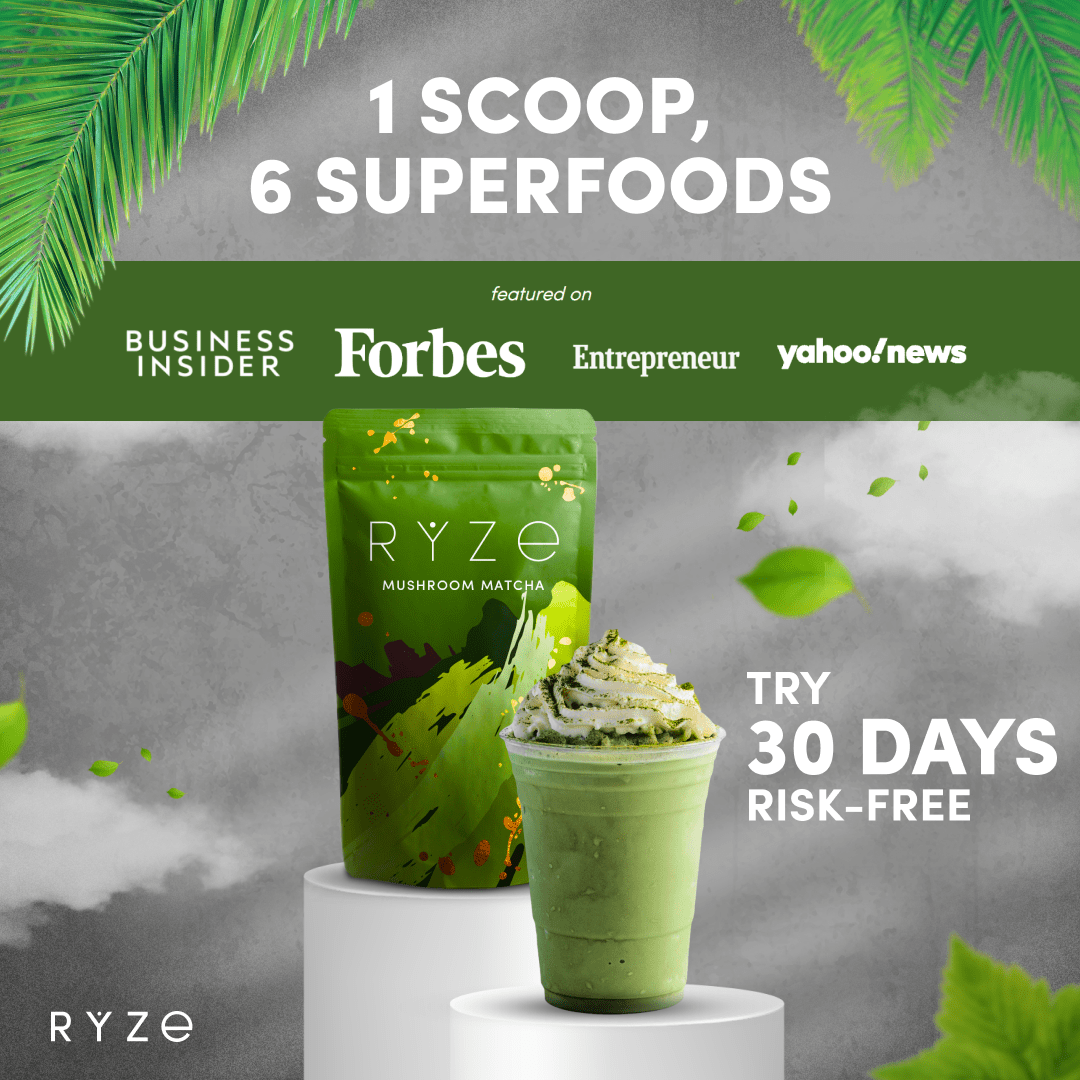 RYZE Mushroom Matcha - with 6 Organic Adaptogenic Mushrooms Grown In USA and Ceremonial-Grade Japanese Matcha - YGQ9